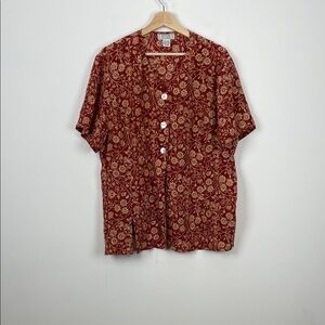 VTG Jennifer Moore Silk Short Sleeve Women's 18W Floral Red Button-Up Shirt